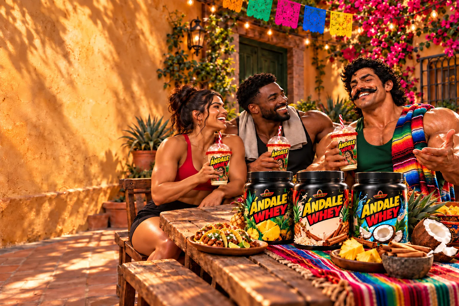 The Ándale familia share original branded clear Ándale Cups with red Creatahine rims and tacos in a colorful Mexican courtyard