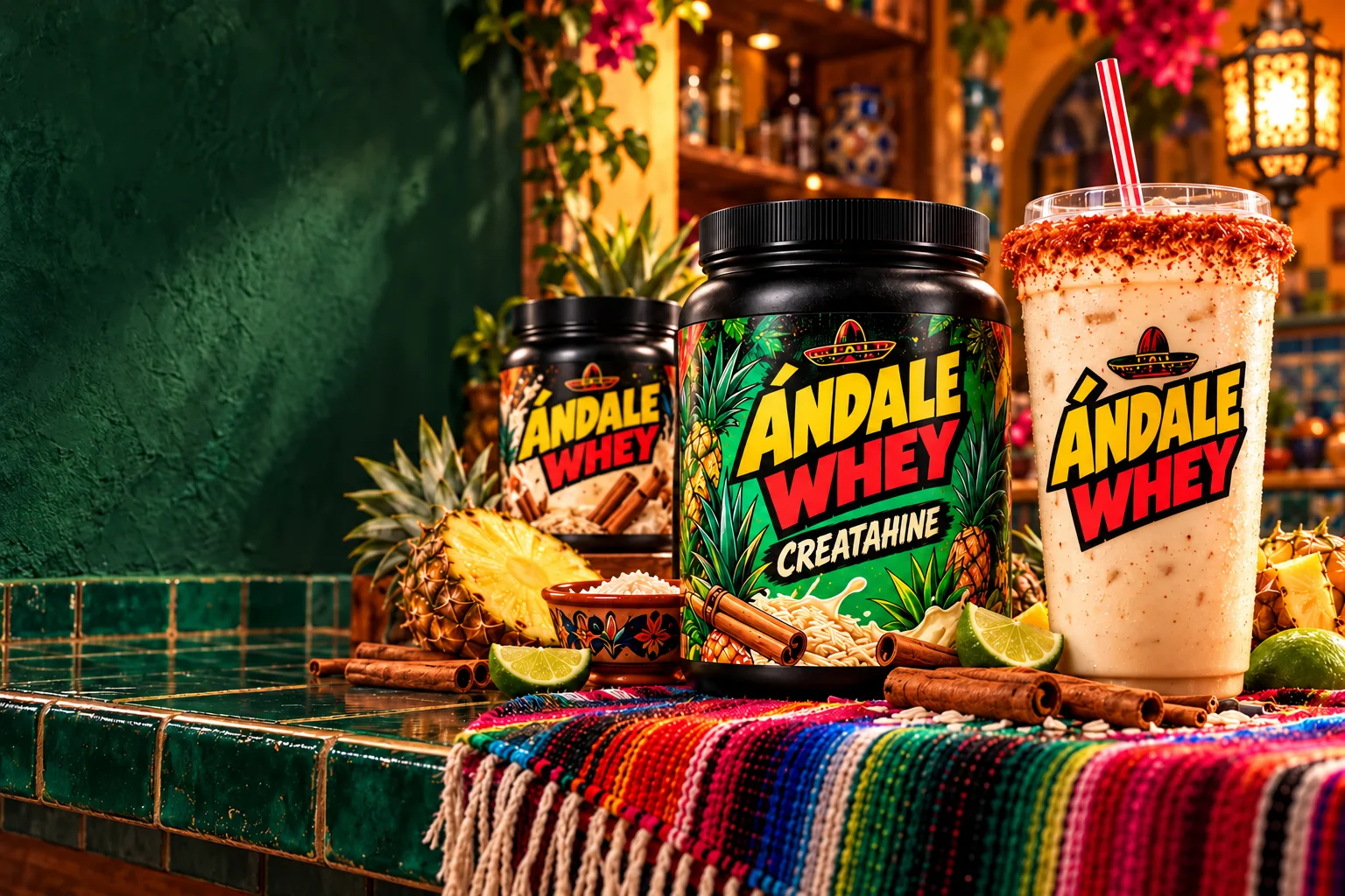 An Ándale Whey shake and colorful protein tubs at a green Mexican cantina