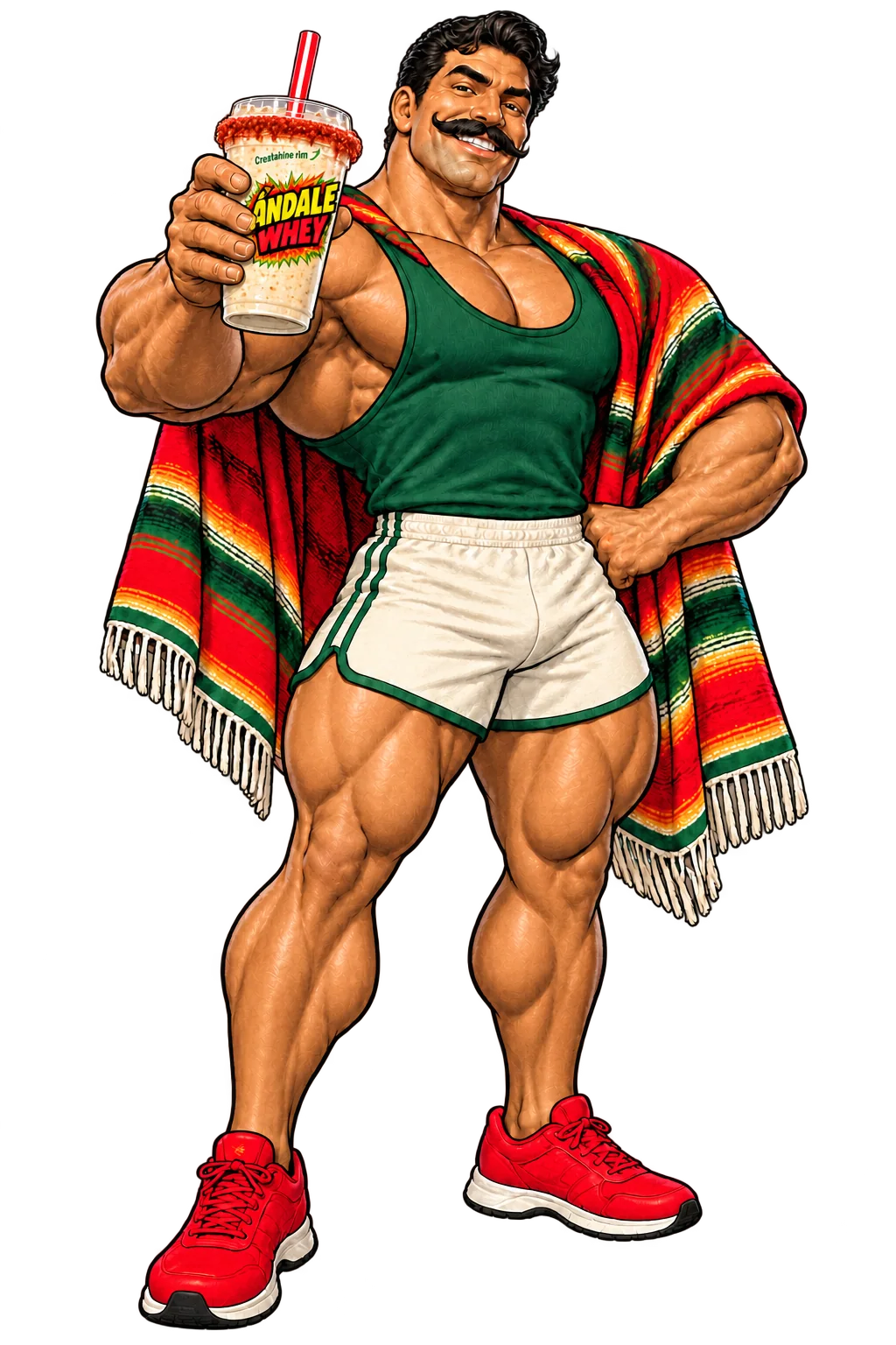 The original Ándale mascot in a colorful serape, holding the branded clear Ándale Cup with its red Creatahine rim