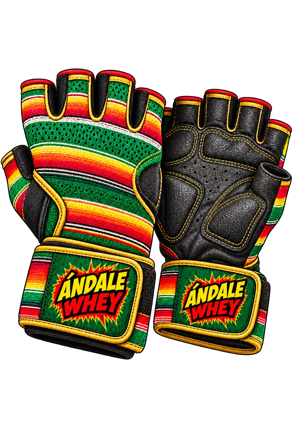 Colorful workout gloves with Ándale Whey branding